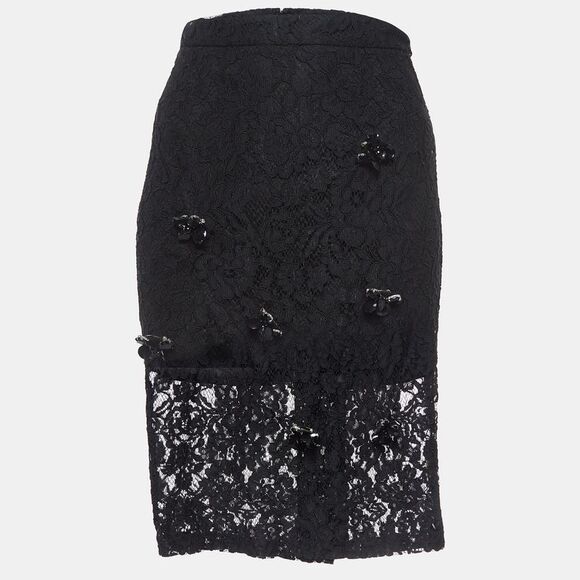 Alexis Black Brooch Embellished Lace Pencil Skirt M